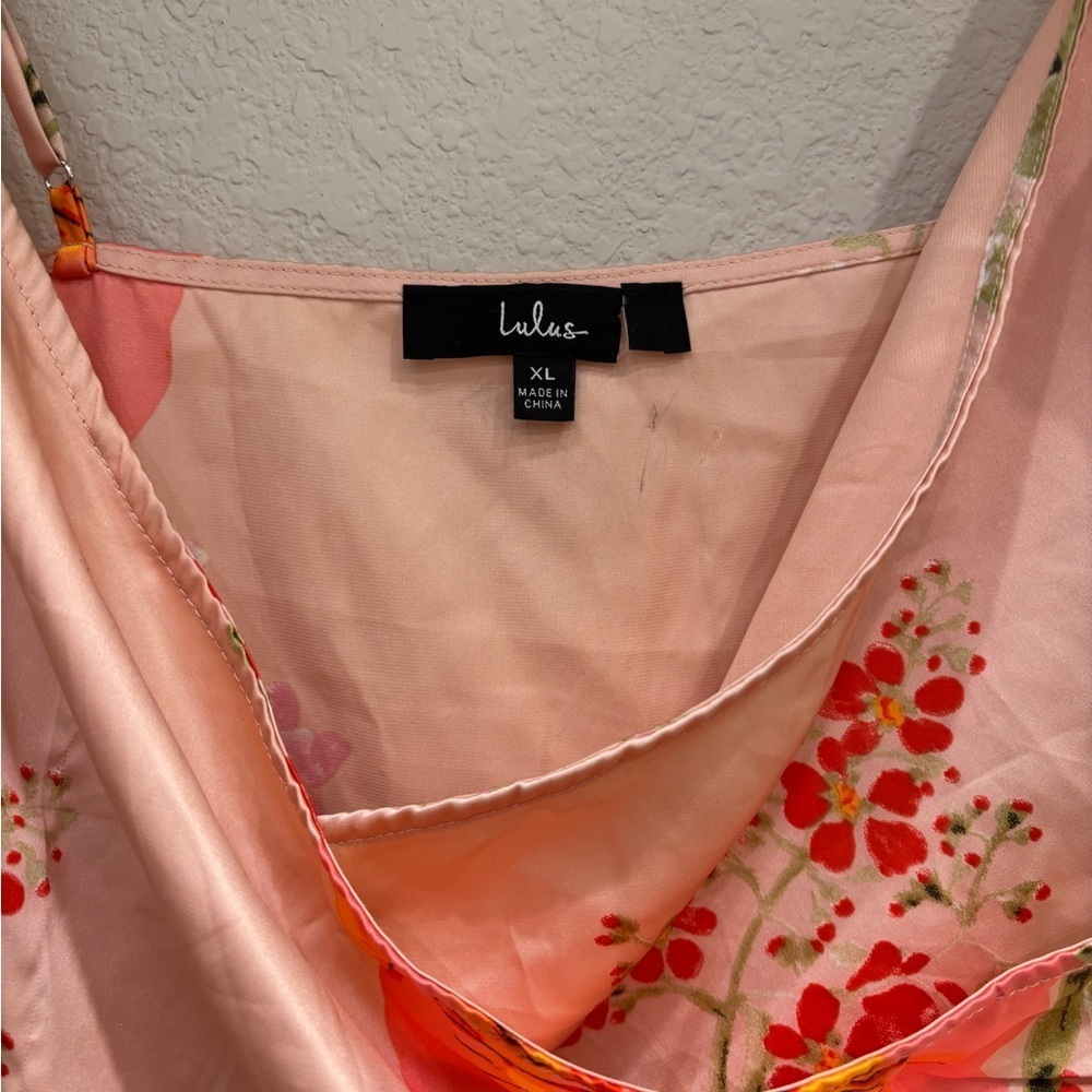 Lulu's Pink Floral Midi Slip Dress with Orange & Green Accents - Picture 6 of 9